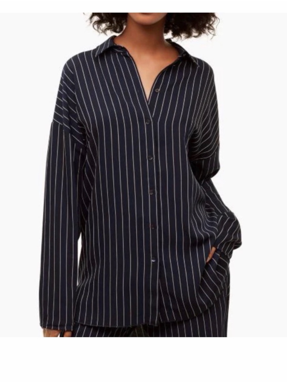Babaton Navy and White Pinstripe Button-Front Shirt, Kearney blouse